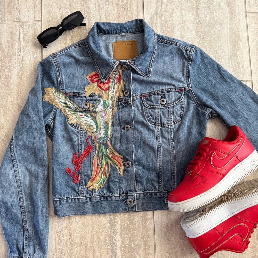 Vintage Y2K G-brand Embroidered beaded Bird Blue Denim chore bomber Jacket Sz M